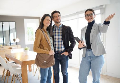 Showing modern house to couple