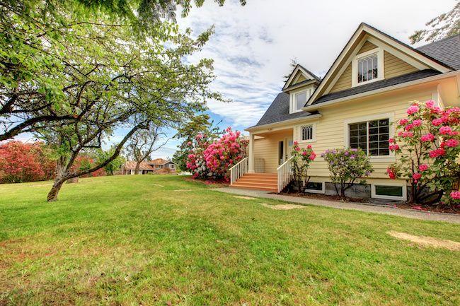 Yellow house with nice yard and landscaping.