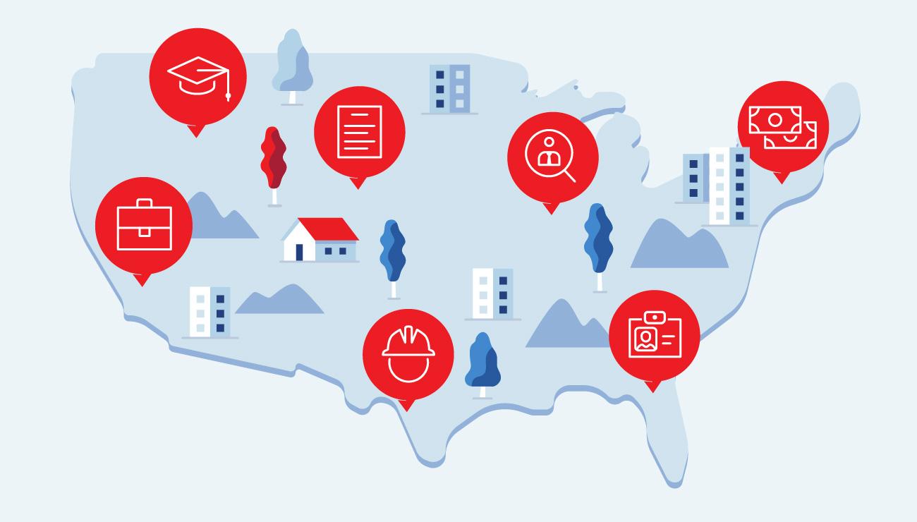 Best cities for a career change visual of the United States with career icons
